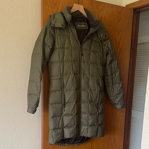 Eddie Bauer Women’s Olive Green Long Puffer Jacket